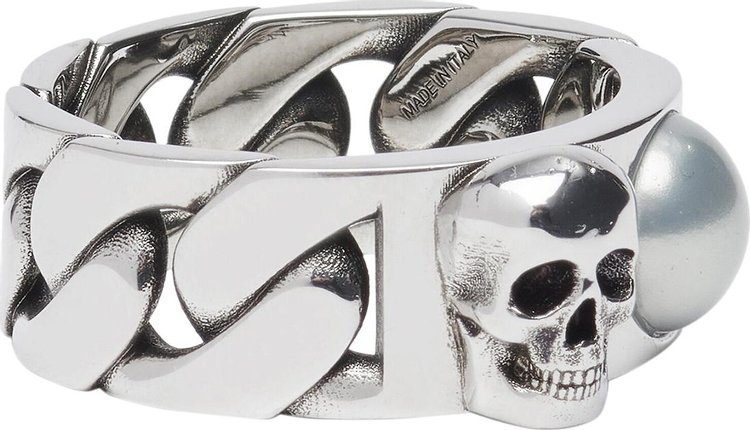 Alexander McQueen Pearl And Skull Chain Ring Antique Silver