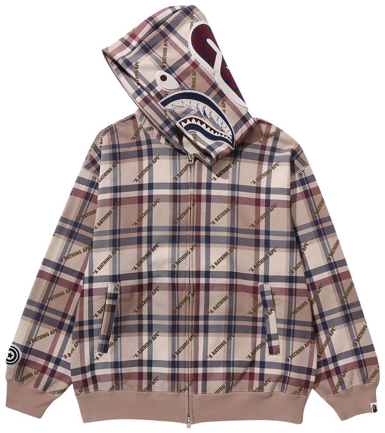 BAPE Logo Check Pattern Shark Full Zip Hoodie Beige