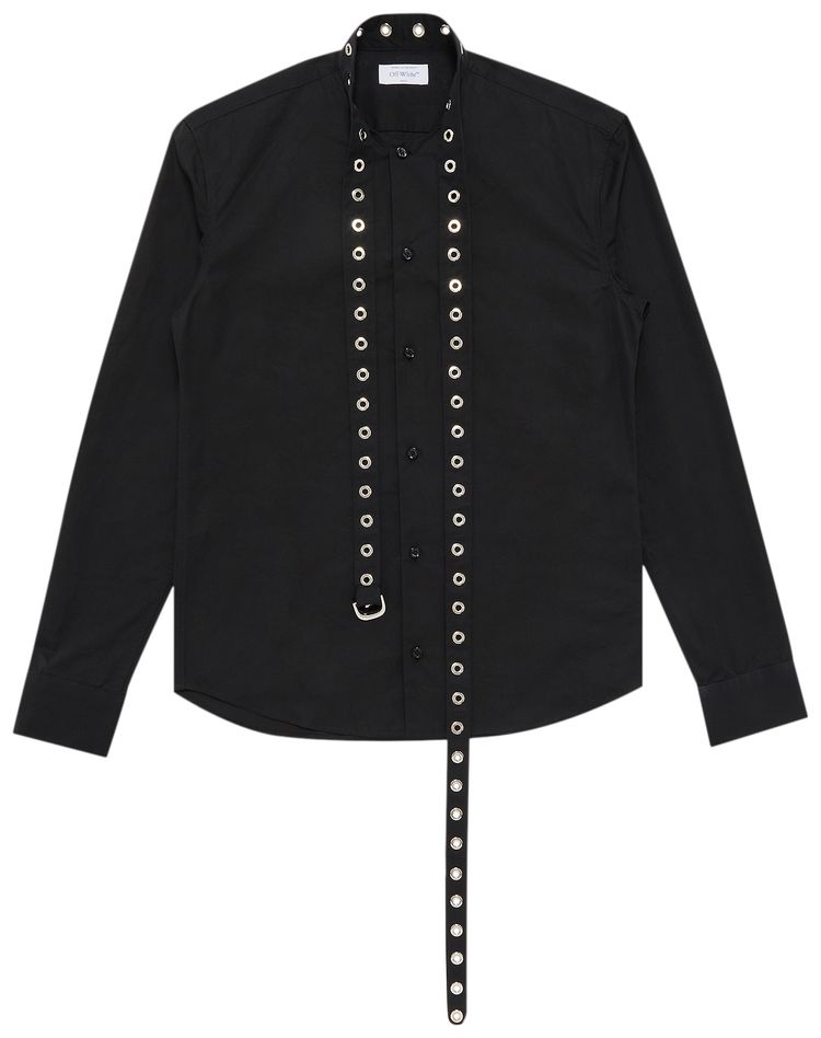 Off White Poplin Belt Eyelets Cross Shirt Black