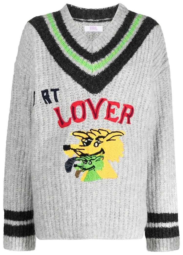 ERL Hurt Lover Varsity V Neck Jumper Grey