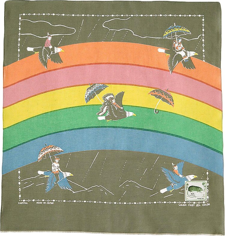 Kapital Fastcolor Selvedge Bandana Rainbow  Birds Khaki