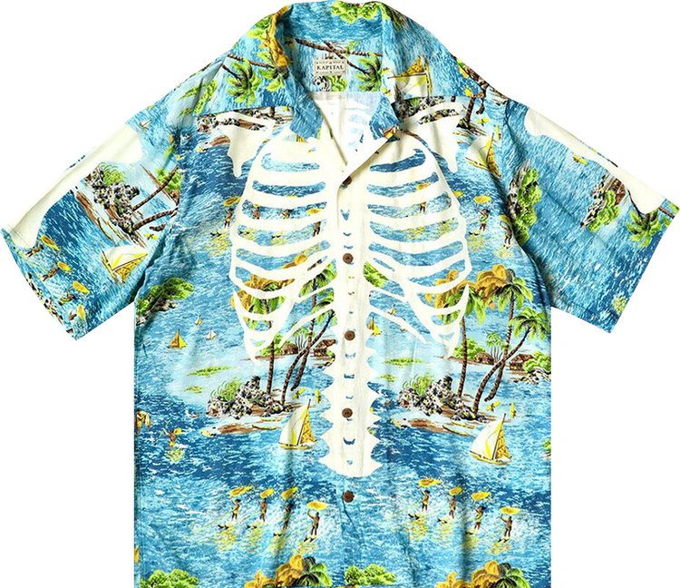 Kapital Rayon Kamehameha Bone Wrangle Collar Aloha Shirt 'Blue'