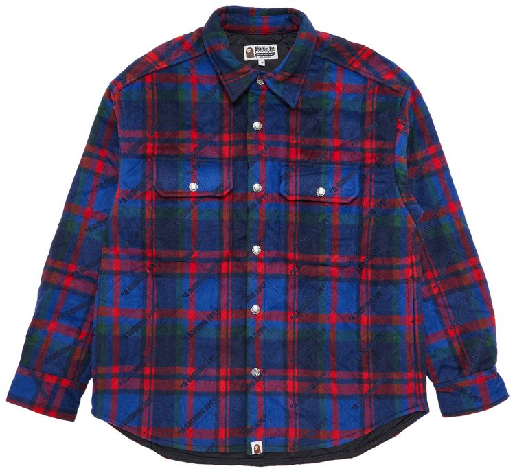 BAPE Logo Check Pattern Padded Flannel Shirt Jacket Navy