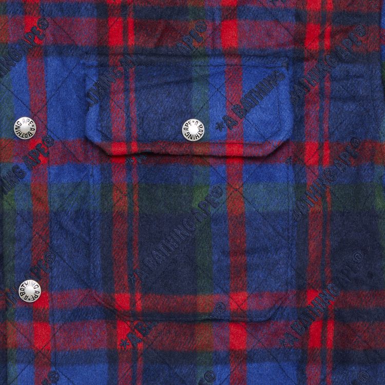 BAPE Logo Check Pattern Padded Flannel Shirt Jacket Navy