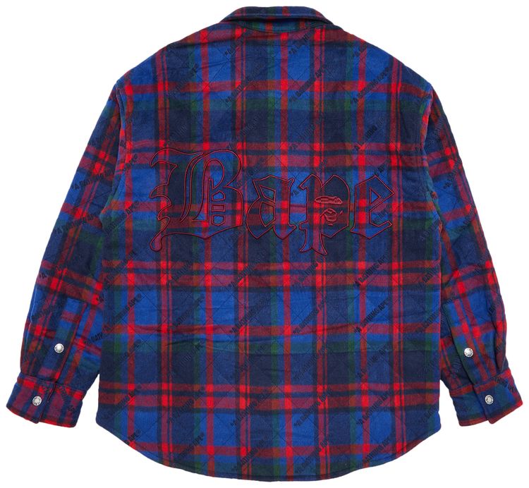 BAPE Logo Check Pattern Padded Flannel Shirt Jacket Navy