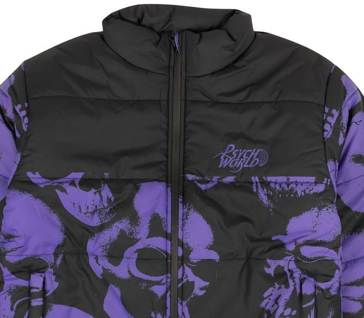 Psychworld Skull Print Puffer Jacket BlackPurple