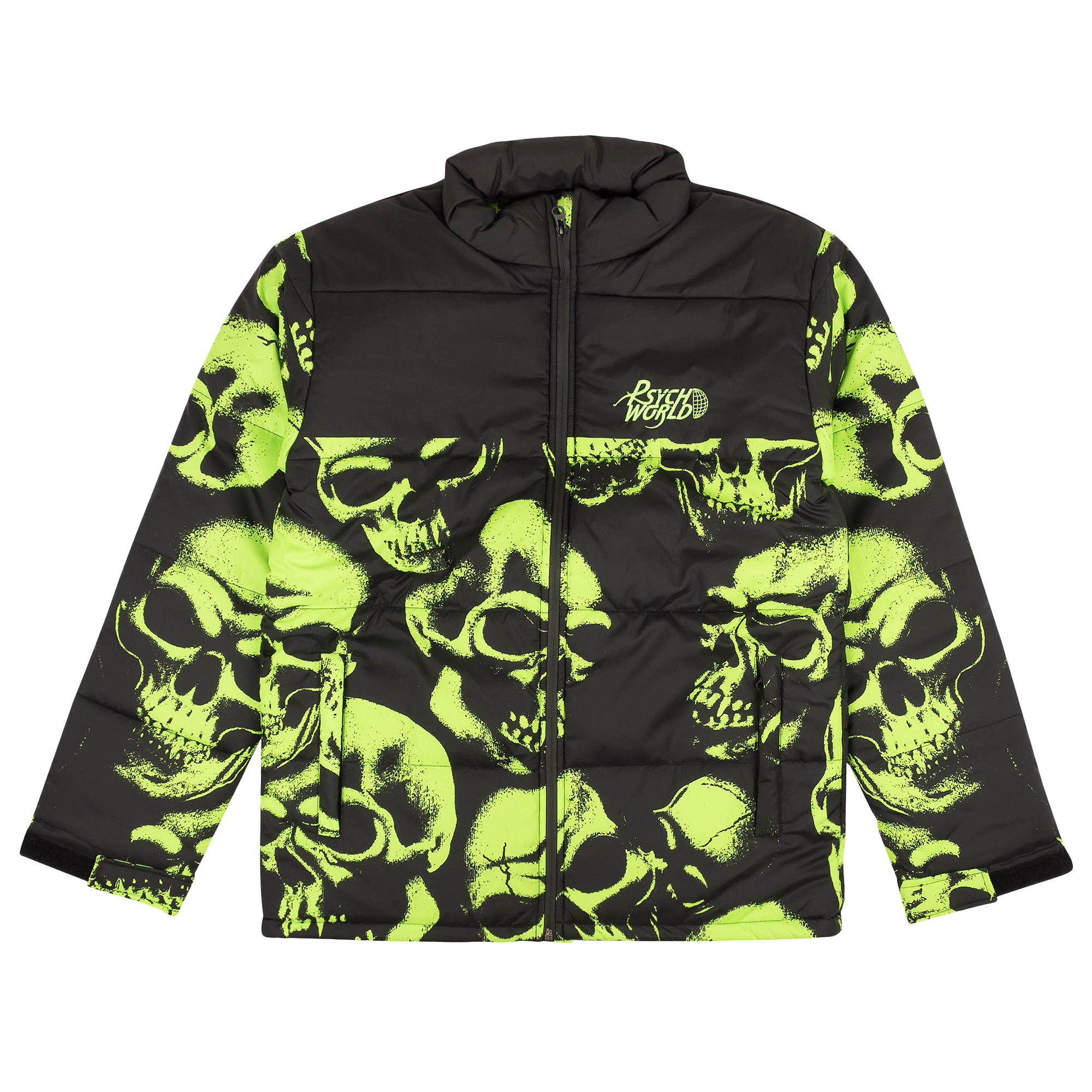 Buy Psychworld Skull Print Puffer Jacket 'Black/Lime Green Buy Psychworld Skull Print Puffer Jacket 'Black/Lime Green