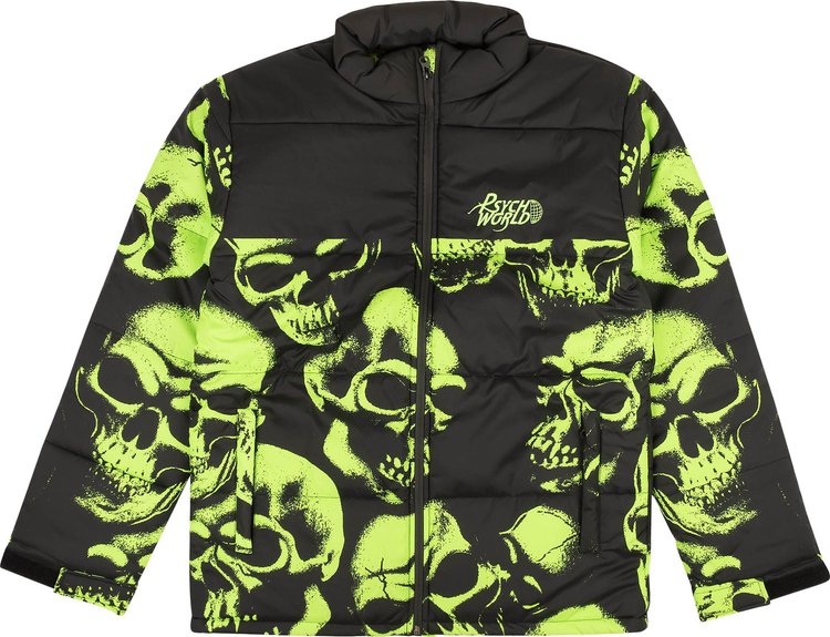 Psychworld Skull Print Puffer Jacket 'Black/Lime Green'