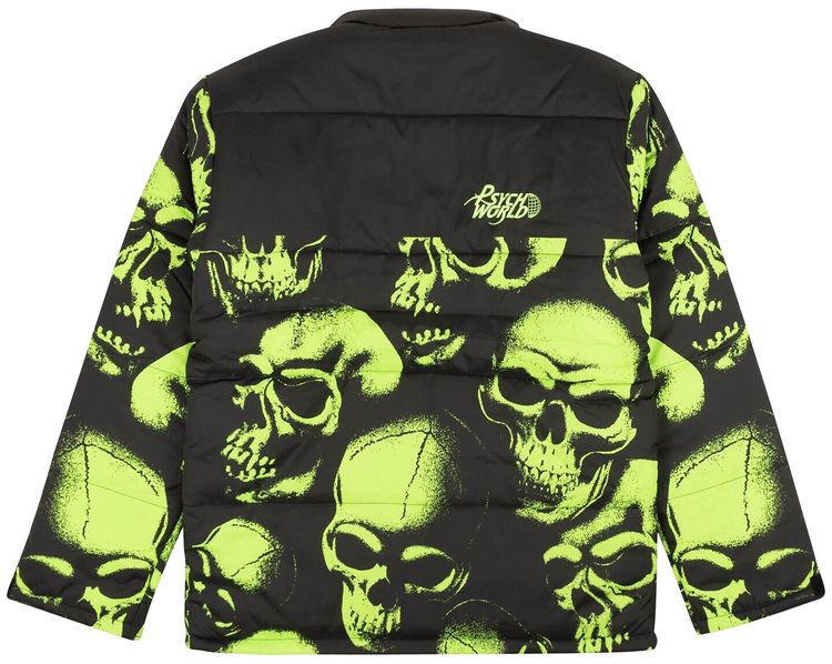 Psychworld Skull Print Puffer Jacket BlackLime Green