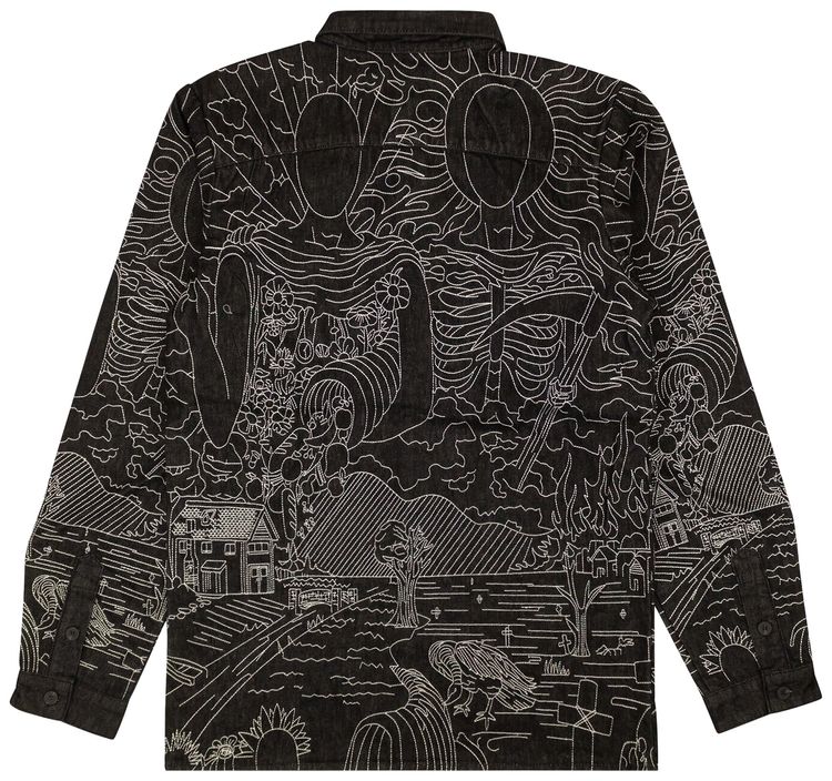 Who Decides War Embroidered Duality Button Up Shirt Black