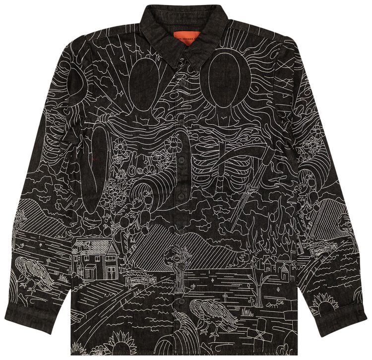 Who Decides War Embroidered Duality Button Up Shirt Black