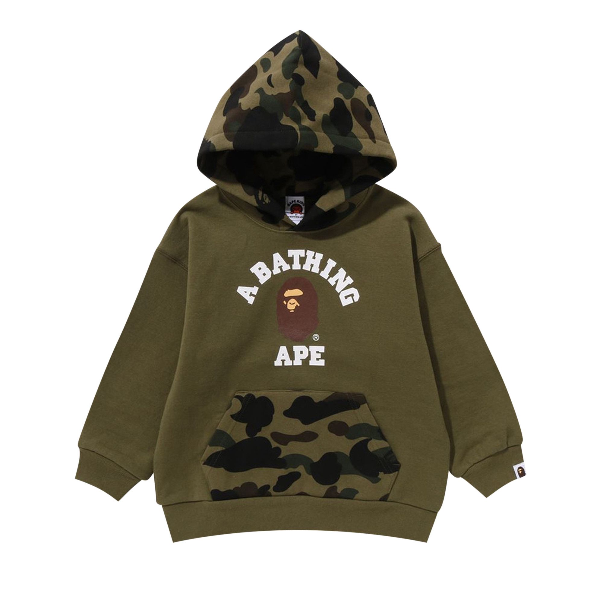Size 110 BAPE Kids 1st Camo College Pullover Hoodie Green