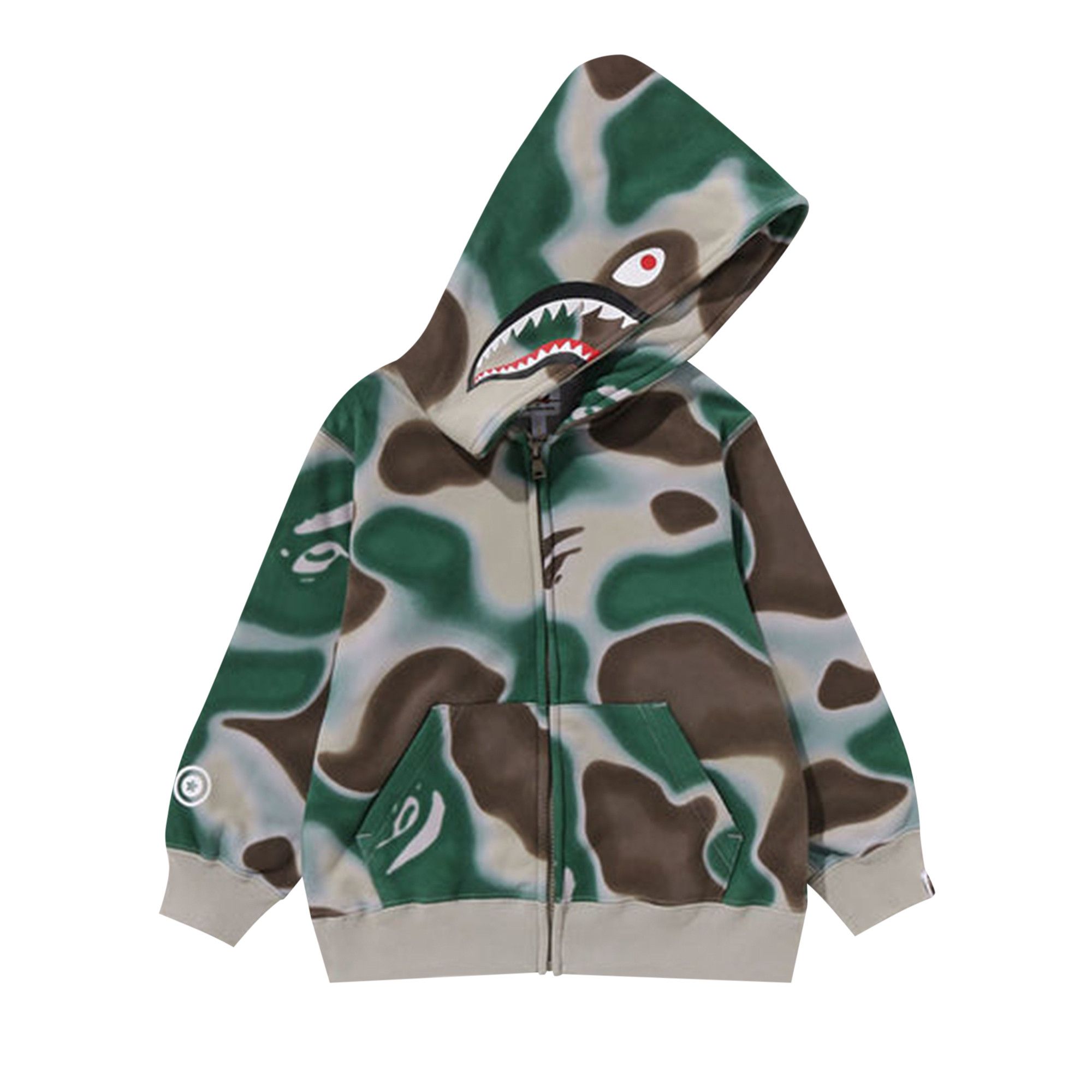Size 110 BAPE Kids Liquid Camo Shark Zip Hoodie Olive Drab