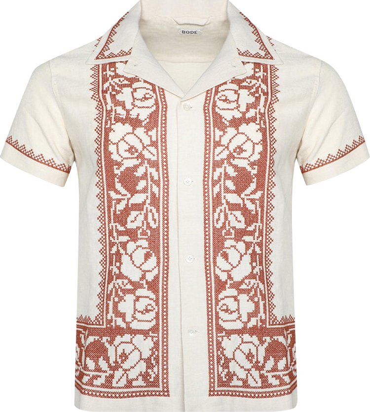 Bode Cross Stitched Rose Garland Short Sleeve Shirt BrownWhite