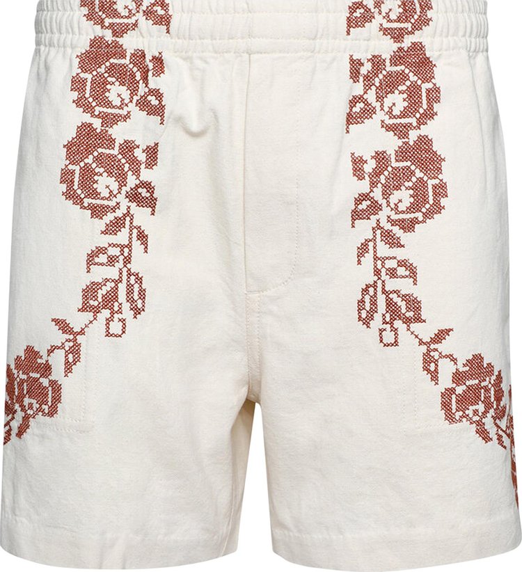 Bode Cross Stitched Rose Garland Shorts 'Brown/White'
