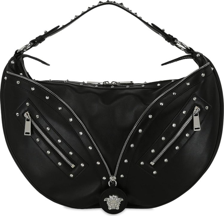 Versace Zipper Studded Hobo Bag 'Black/Palladium'