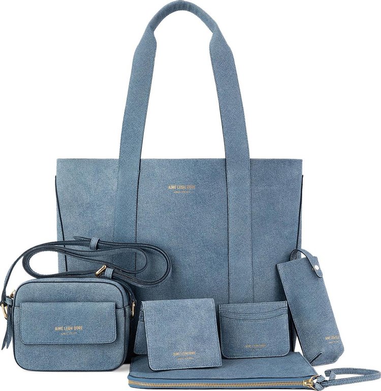 Aime Leon Dore Denim Printed Leather Tote Bag Light Wash