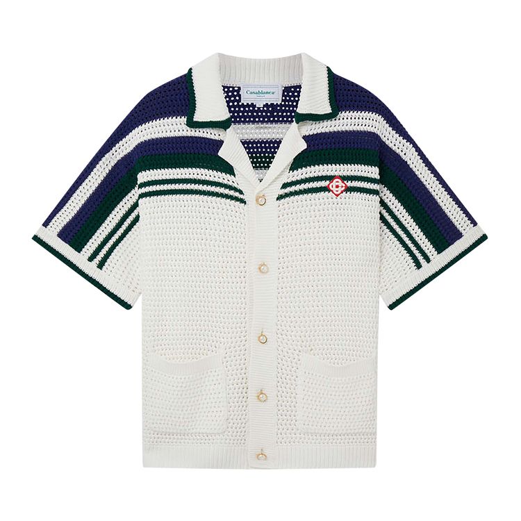 Casablanca Crochet Effect Tennis Shirt WhiteGreen Stripe