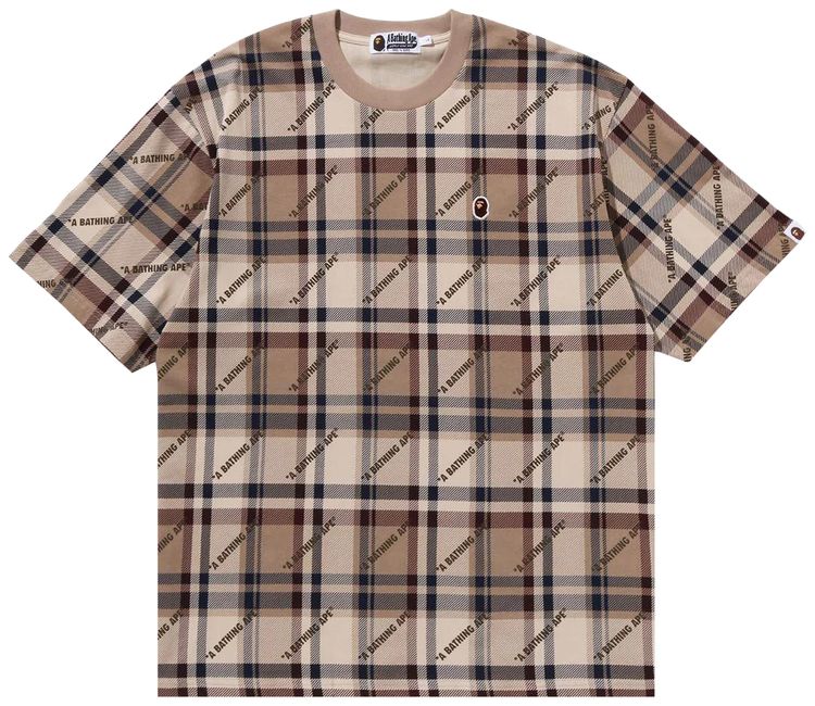 BAPE A Bathing Ape Logo Check Pattern Tee Beige