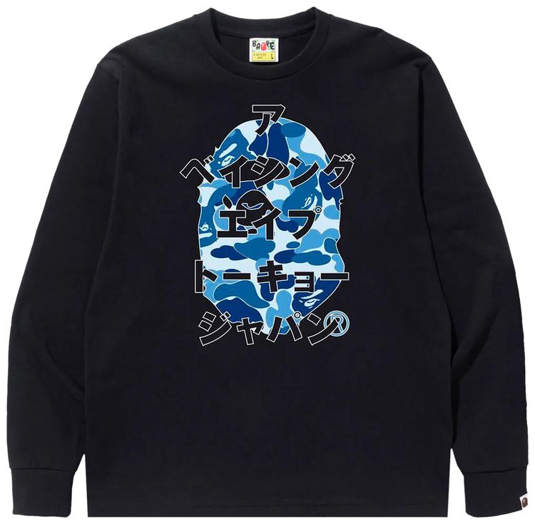 BAPE ABC Camo Japanese Letters Long Sleeve Tee BlackBlue