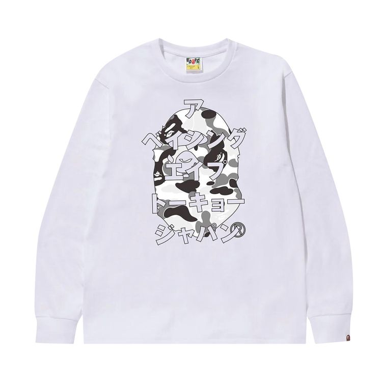 BAPE ABC Camo Japanese Letters Long Sleeve Tee WhiteGrey