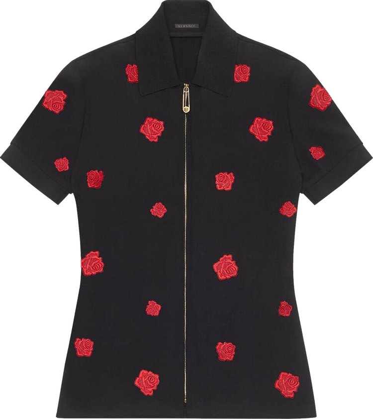 Versace Zip Up Rose Embroidered Short-Sleeve Shirt 'Black'