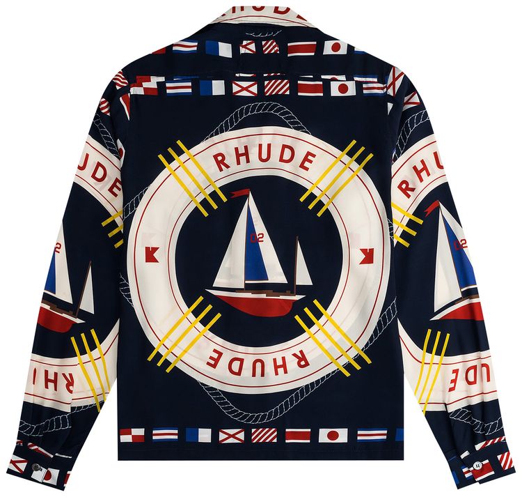 Rhude Flag Sail Long Sleeve Silk Shirt BlueMulticolor
