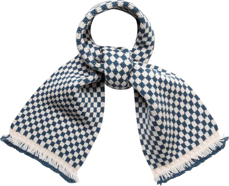 Bode Fringe Check Scarf BlueCream