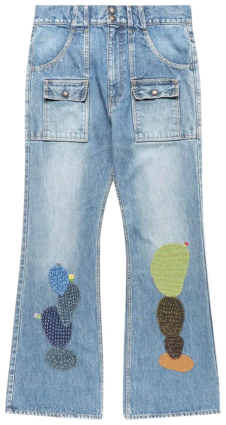 Kapital Denim Bush Flare Pants Cactus Embroidery Indigo