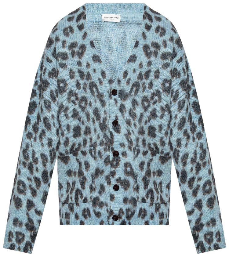 Dries Van Noten Mounia Wool Cardigan Animal Print Blue