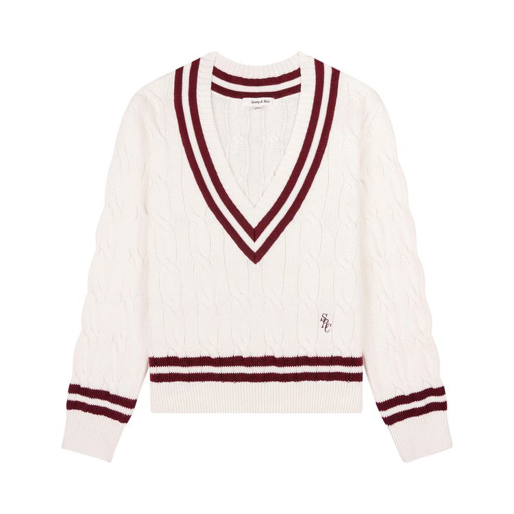 Sporty  Rich SRC Cableknit V Neck Sweater White