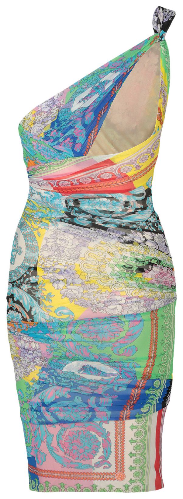 Versace Patchwork Effect One Shoulder Draped Dress Multicolor
