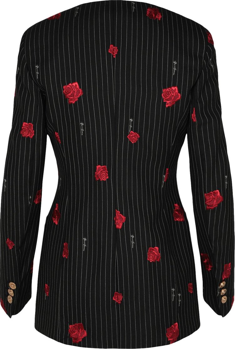 Versace Rose Print Striped Double Breasted Jacket Black