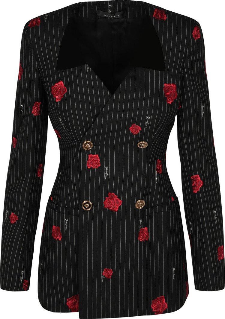 Versace Rose Print Striped Double Breasted Jacket Black