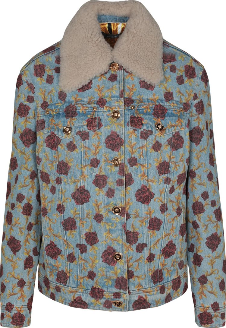 Versace Rose Printed Denim Fur Trim Jacket Multicolor