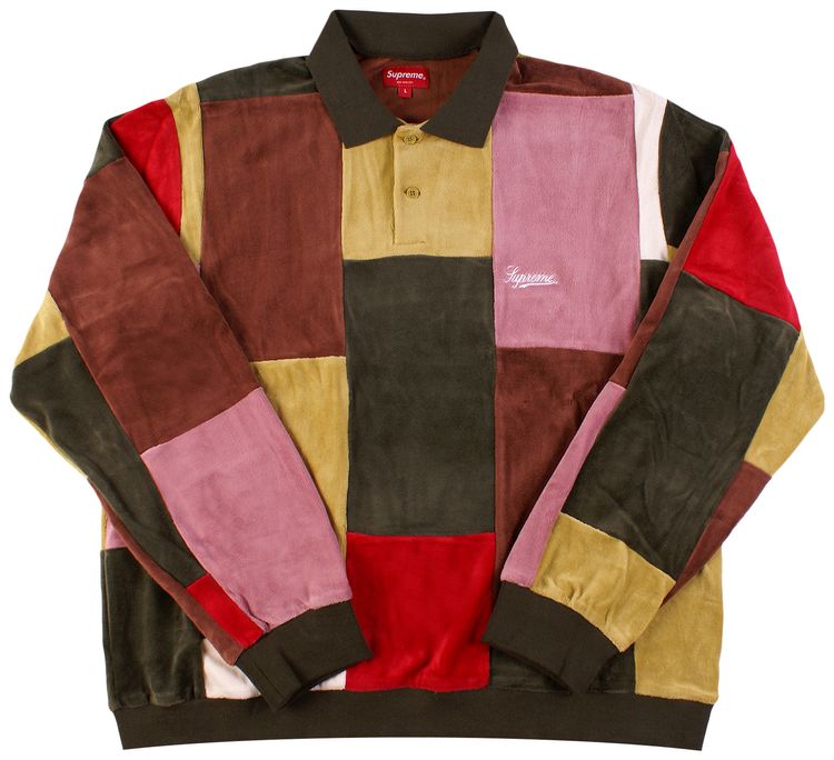 Supreme Patchwork Velour Long Sleeve Polo Dark Olive