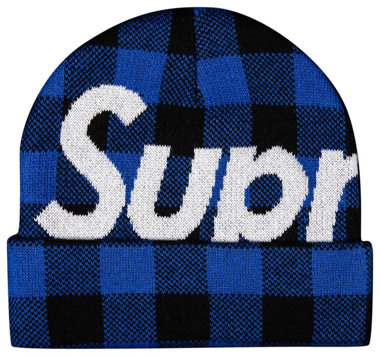 Supreme Big Logo Beanie Blue Plaid