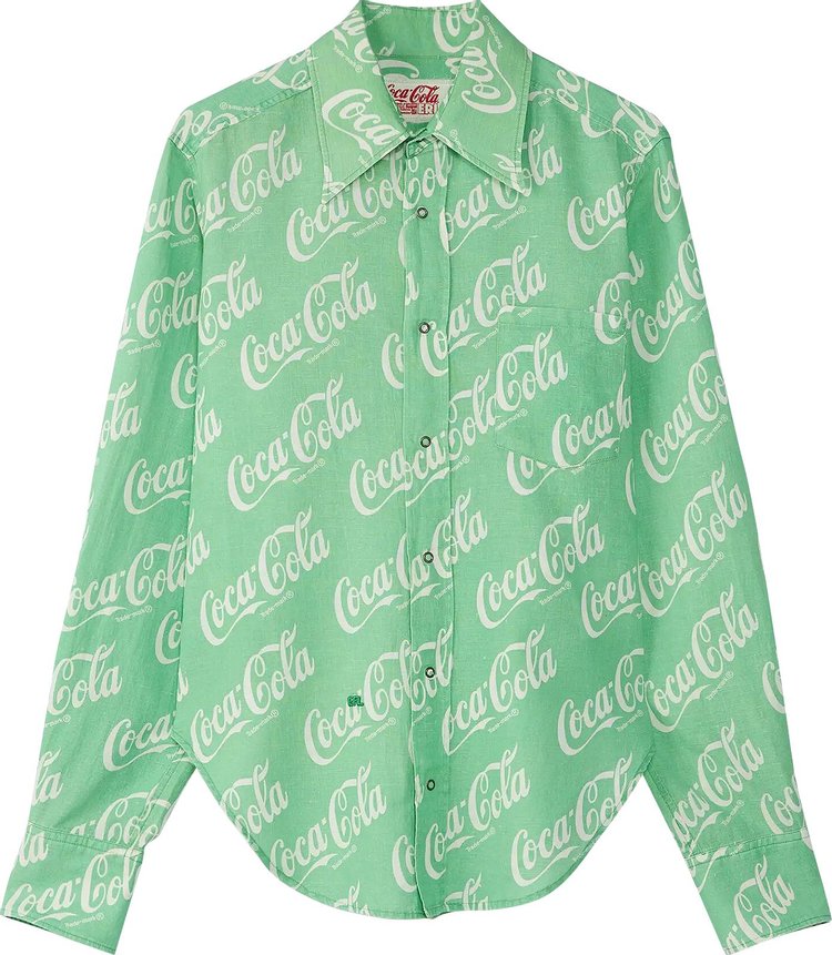 ERL Woven Printed Button Up Shirt 'Green Coca Cola'