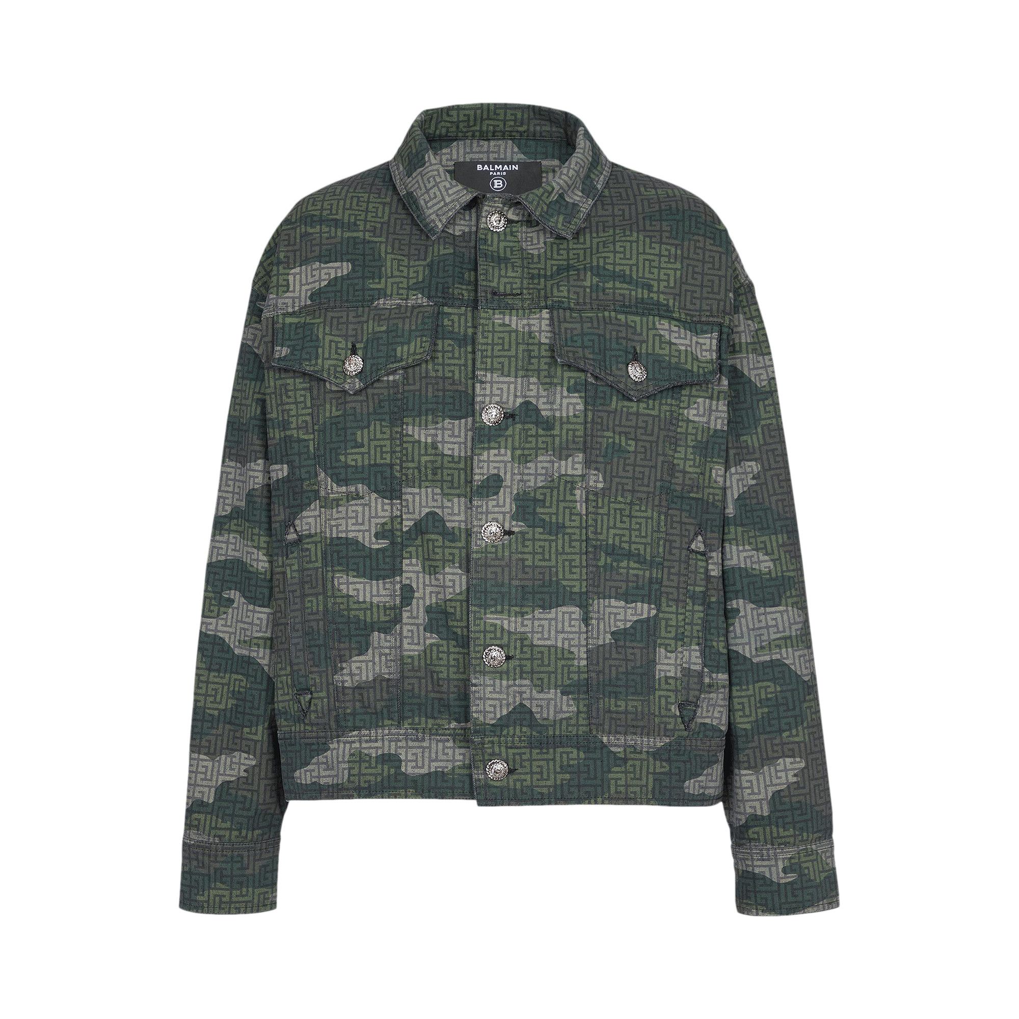 Size 38 Balmain Camouflage Monogram Western Denim Jacket Multicolor Khaki
