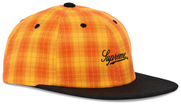 Supreme Script Logo 6 Panel Orange Plaid