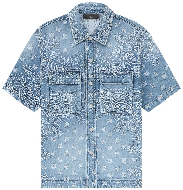 Amiri Bandana Jacquard Snap Short Sleeve Shirt Perfect Indigo