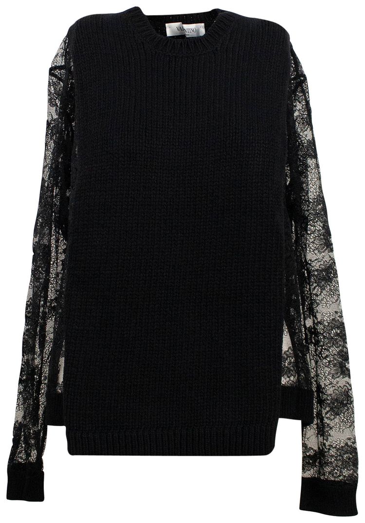 Valentino Chunky Knit Sweater With Lace Sleeves Black