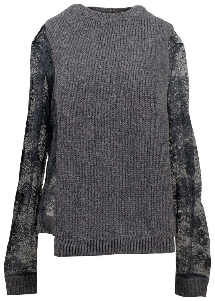Valentino Chunky Knit Sweater With Lace Sleeves Gray