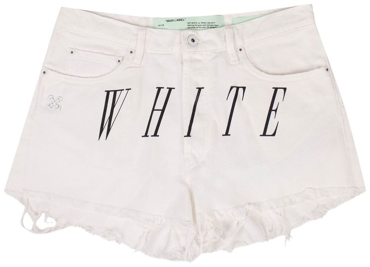 Off White Logo Print Distressed Denim Shorts White