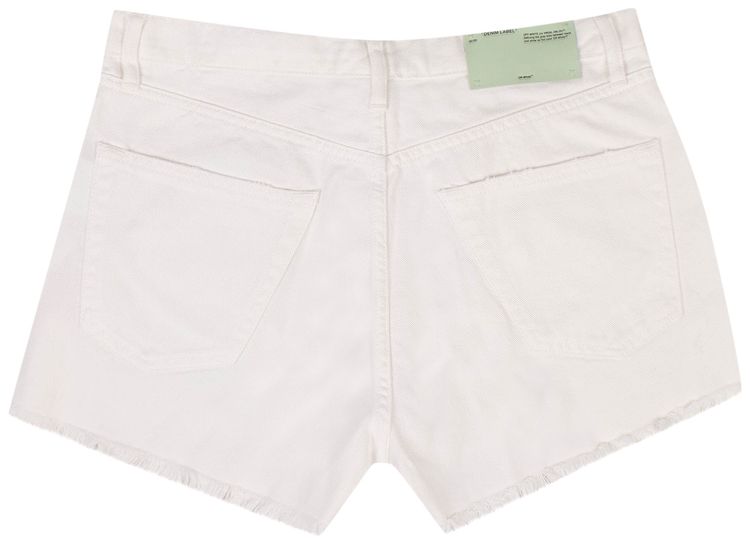 Off White Logo Print Distressed Denim Shorts White