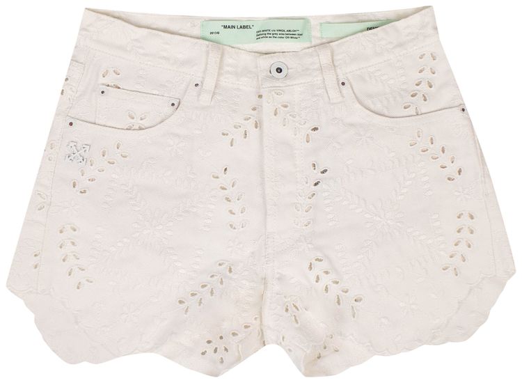 Off White Embroidered Denim Shorts White