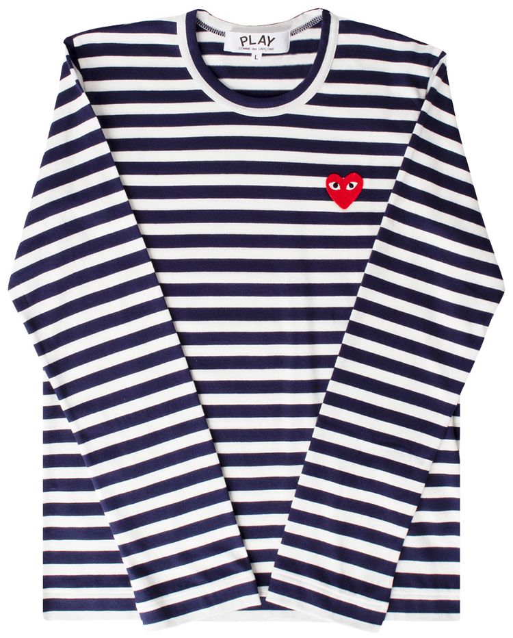 Comme des Garcons PLAY Striped Heart Logo Long Sleeve T Shirt NavyWhite