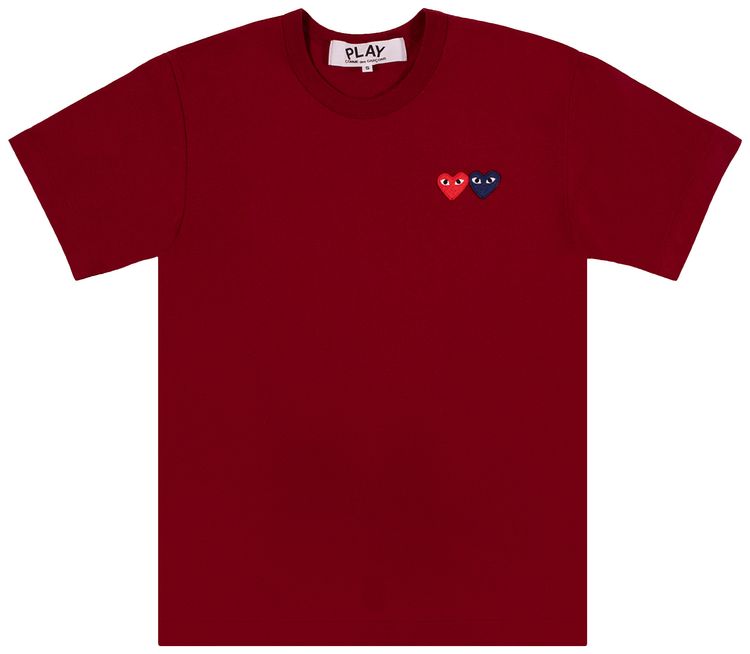 Comme des Garcons PLAY Double Heart Logo Short Sleeve T Shirt Burgundy