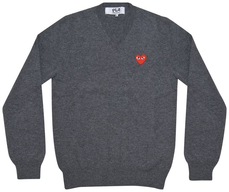 Comme des Garcons PLAY Heart Patch V Neck Sweater Grey