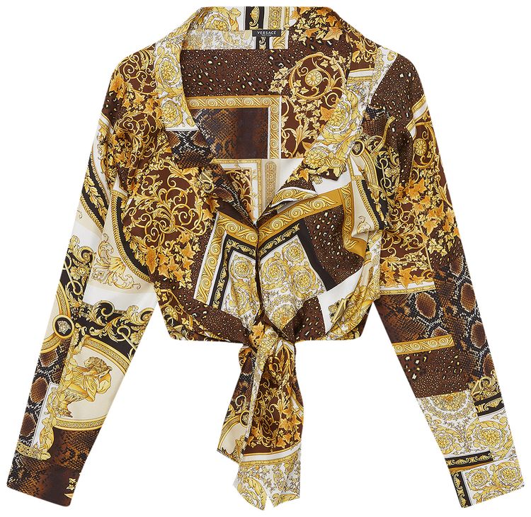 Versace Barocco Patchwork Print Cropped Silk Shirt GoldBrownWhite